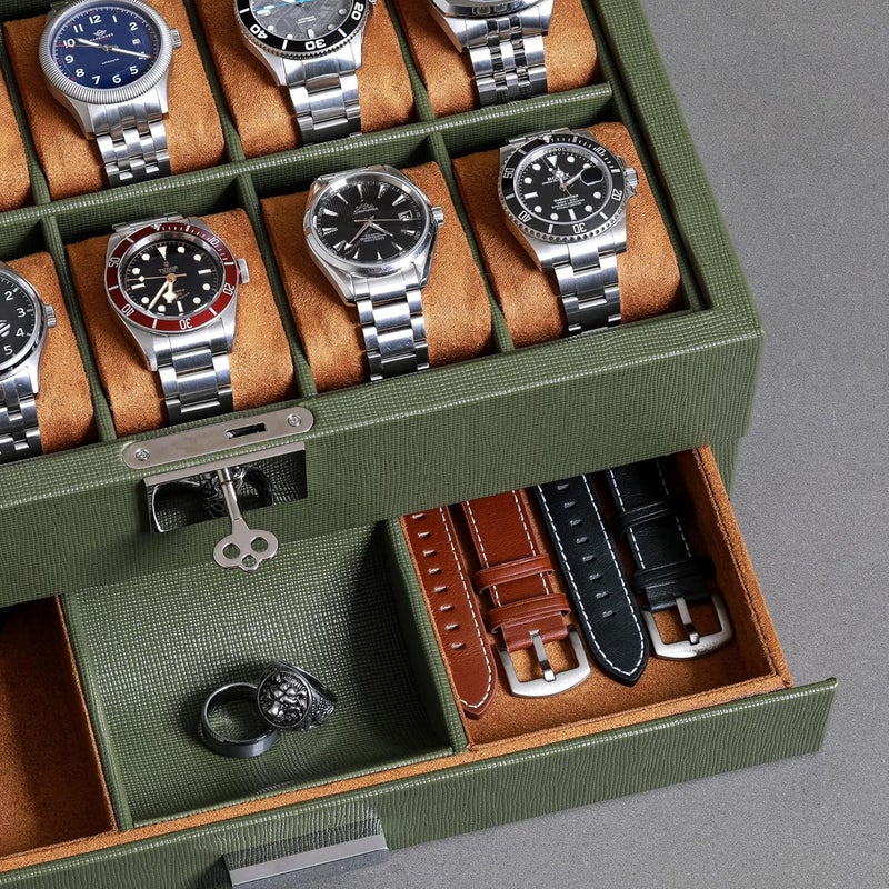 ROTHWELL 10-Slot Watch Box in Leather with Valet Drawer, Luxury Watch Case Display Organizer with Ultra Soft Microsuede Liner, Jewelry and Sunglass Holder With Large Glass top (Green/Tan) - Image 4